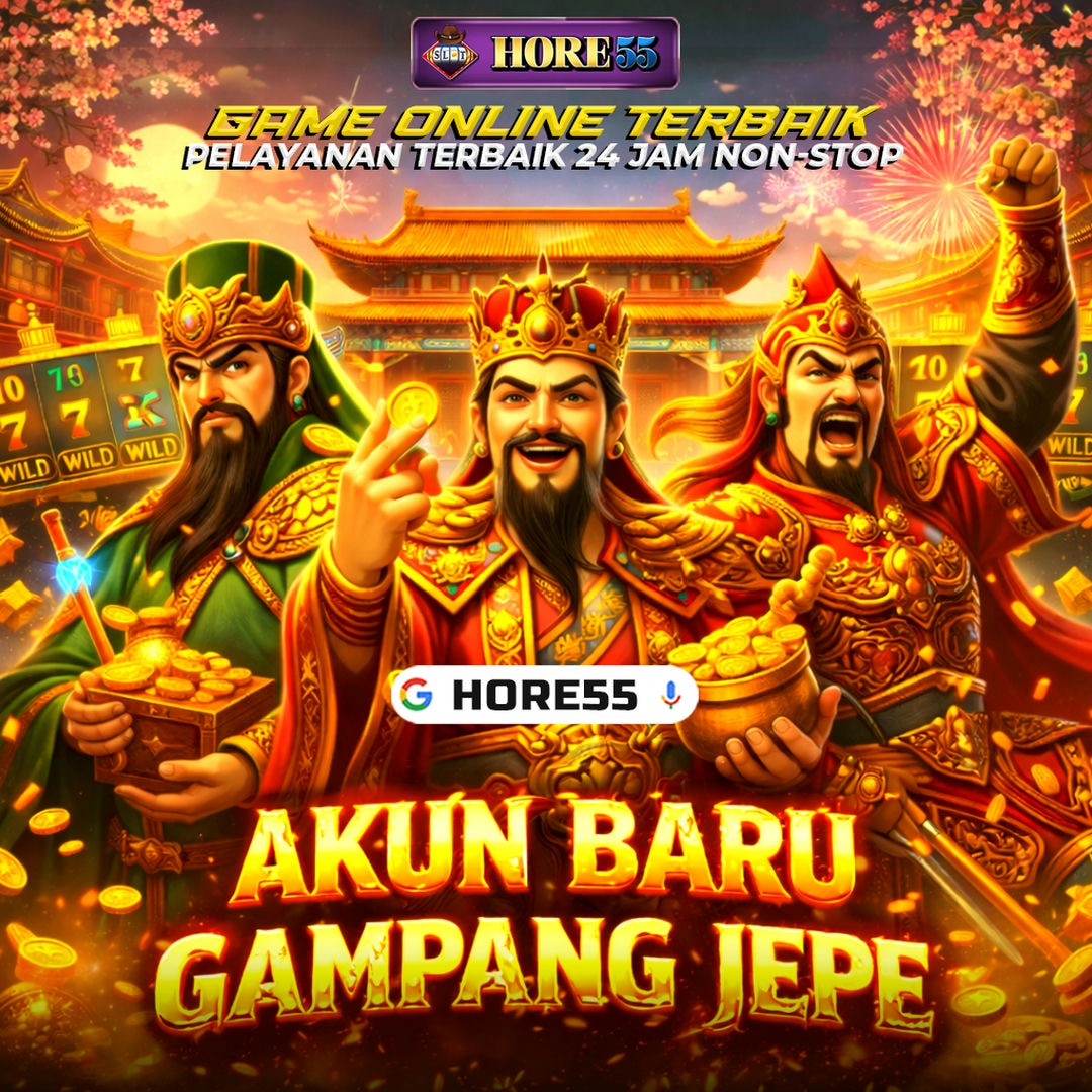 Poster HORE55 dengan tiga tokoh fantasi oriental berbusana merah emas di depan bangunan bercahaya